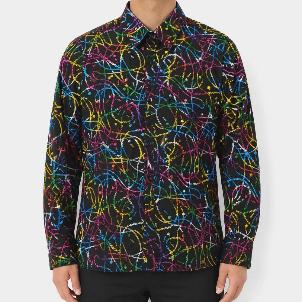 Zeroyaa Shirt Mens Large Black Stretch Chain Long Sleeve Classic Button-Up